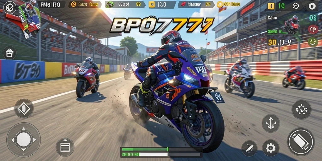 Screenshot gameplay BPO777 menampilkan balapan motor yang seru.